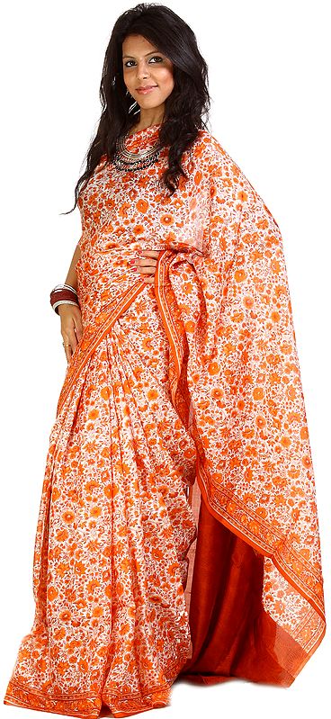 Ivory and Orange Suryani Sari from Mysrore with Floral Print