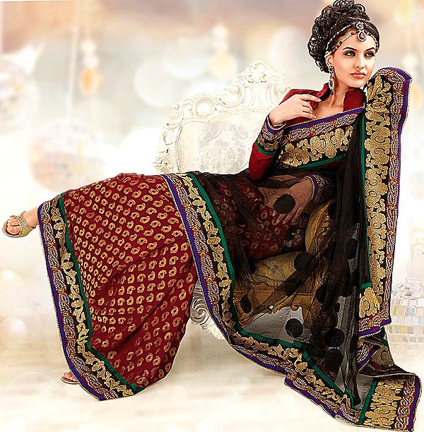 Maroon and Black Brocaded Wedding Sari with Patch Border and Aari Embroidery