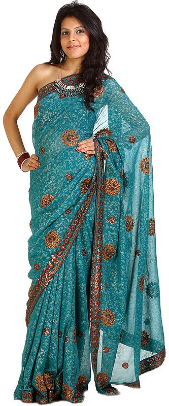 Teal Mokaish Shimmer Sari with Copper Colored Sequins