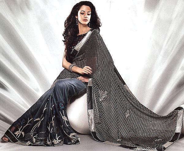 Charcoal-Gray and Black Printed Sari with Patch Border and Bead-work