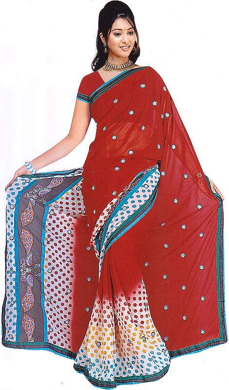 Red and White Polka Dotted Printed Sari with Peacocks in Patchwork