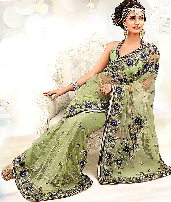 Light-Green Bridal Sari with Patch-work and Embroidered Sequins