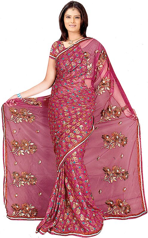 Festival-Fuchsia Printed Sari with Crewel Embroidered Flowers and Net Pallu