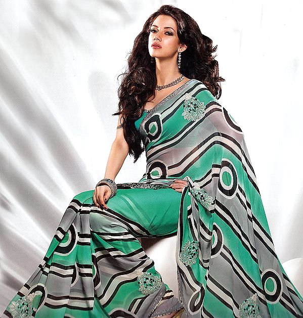 Green and Gray Printed Designer Sari with Patch Border