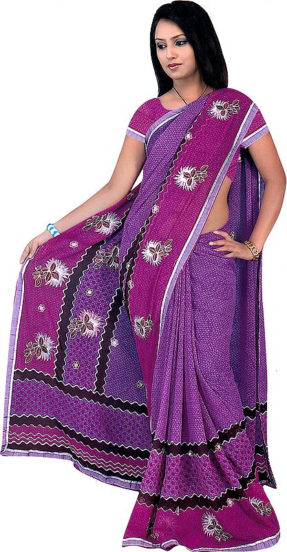 Purple Printed Sari with Floral Embroidery and Gota Border