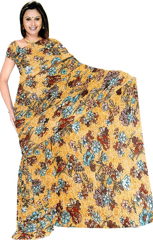 Yellow Floral Printed Sari with Crewel Embroidery