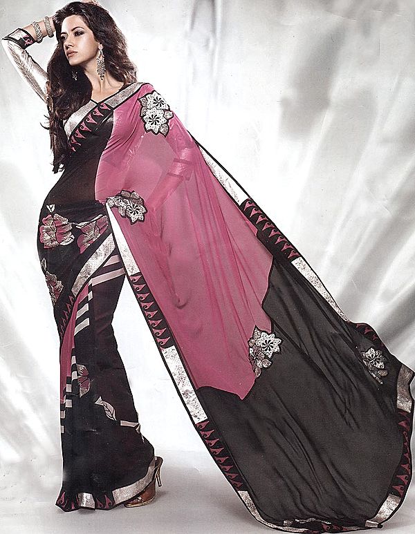 Mauve and Black Printed Designer Sari with Patch Border and Large Embroidered Flowers