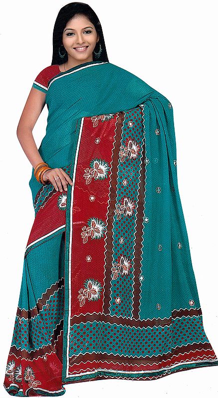 Green and Red Printed Sari with Floral Embroidery and Gota Border