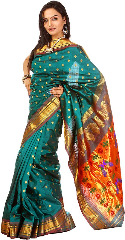 A Gadwal-Woven Pure Silk Sari in Paithani Style, Pallu with Peacock Motifs