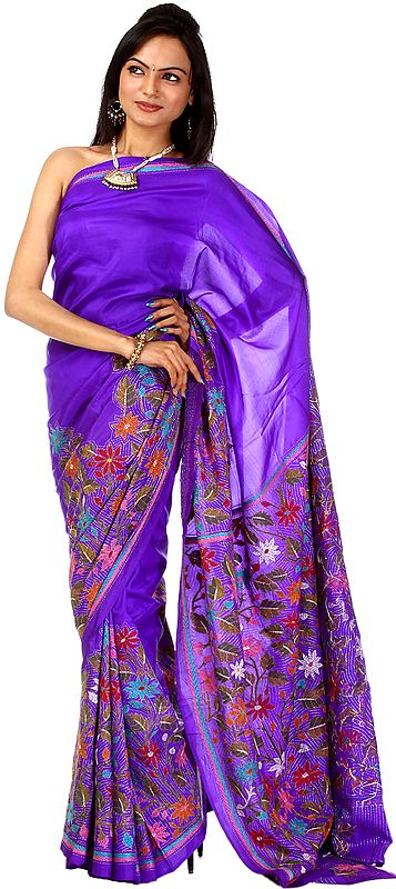 Ultramarine Kantha Sari with Hand-Embroidered Flowers