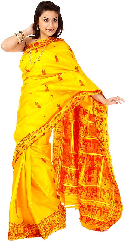 Golden-Yellow Baluchari Sari with Woven Radha and Krishna