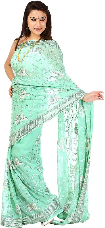 Tea-Green Sari with Aari Embroidered Flowers and Sequins
