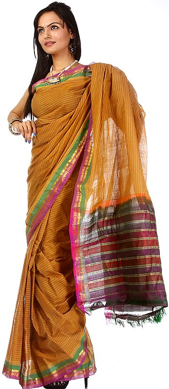 Ochre Handwoven Gadwal Sari with Zari and Striped Anchal