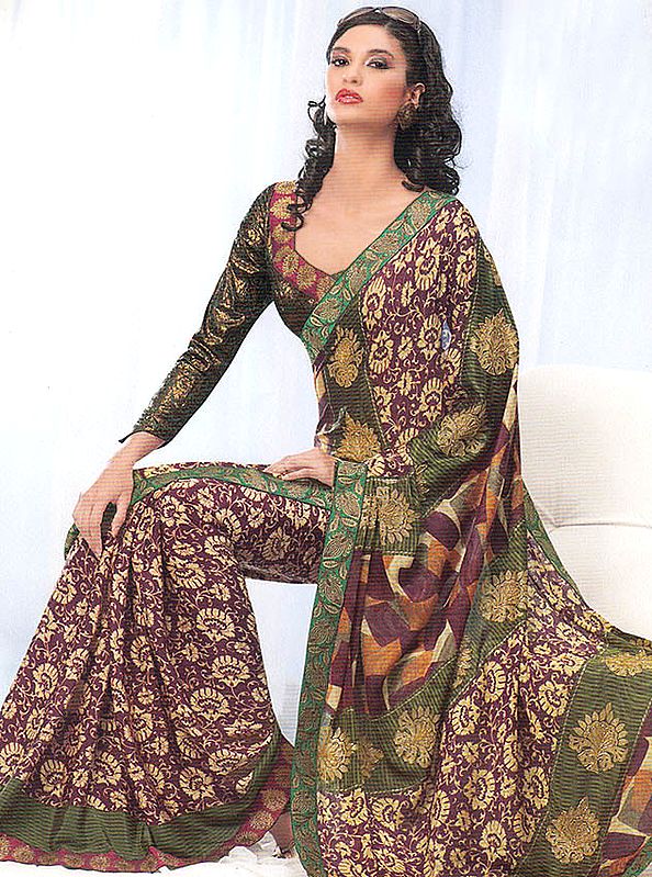Raisin Floral Printed Sari with Embroidered Beads and Patch Border