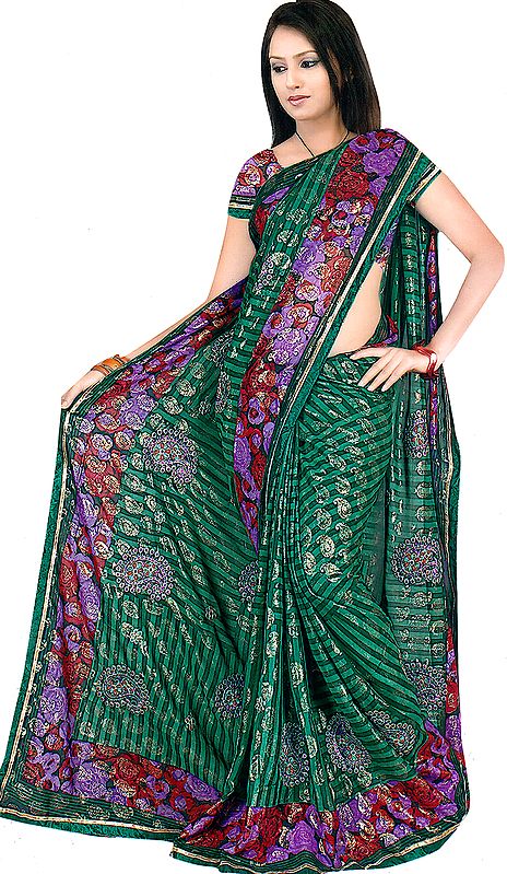 Green Printed Shimmering Sari with Crewel Embroidered Paisleys