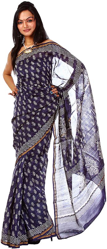Midnight-Blue Block Printed Chanderi Sari from Madhya Pradesh