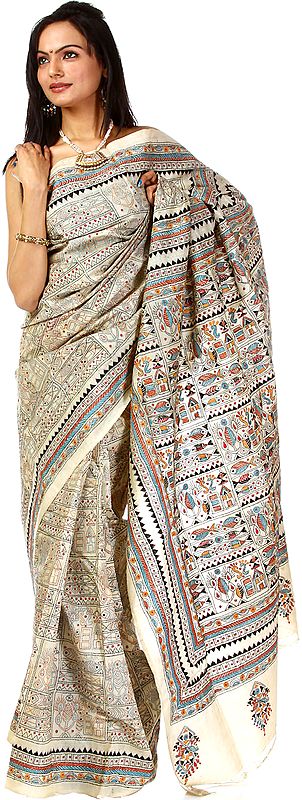 Beige Kantha Sari with Hand-Embroidered Folk Motifs