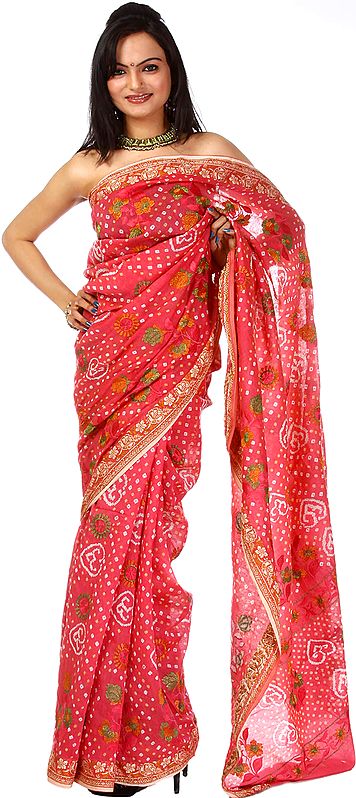 Hot-Pink Bandhani Tie-Dye Sari with Aari Embrodiery and Floral Border