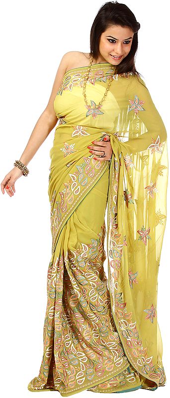 Olive-Green Sari with Crewel Embroidered Flowers All-Over