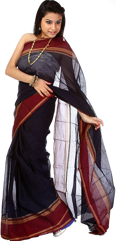 Plain Midnight-Blue Handwoven Sari from Gadwal with Maroon Border
