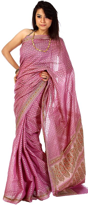 Mauve Banarasi Sari with All-Over Jaal Weave and Floral Border