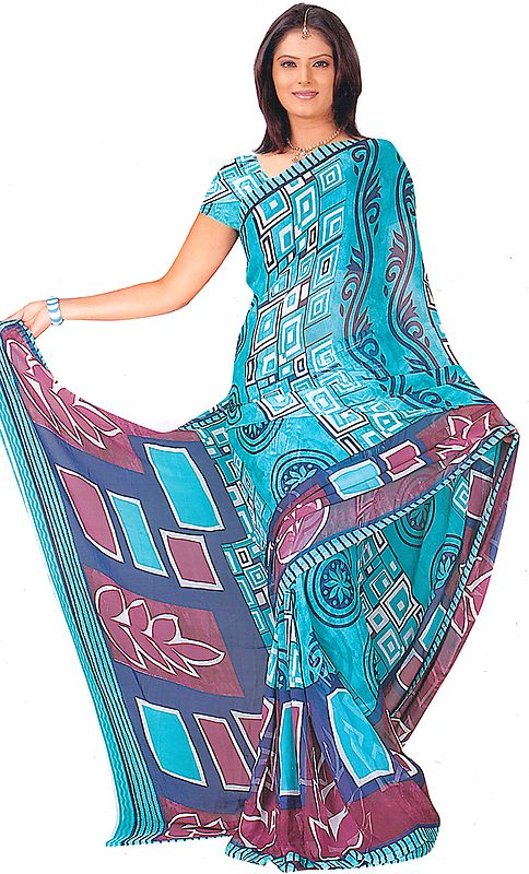 Cyan Printed Sari with Mokaish Work