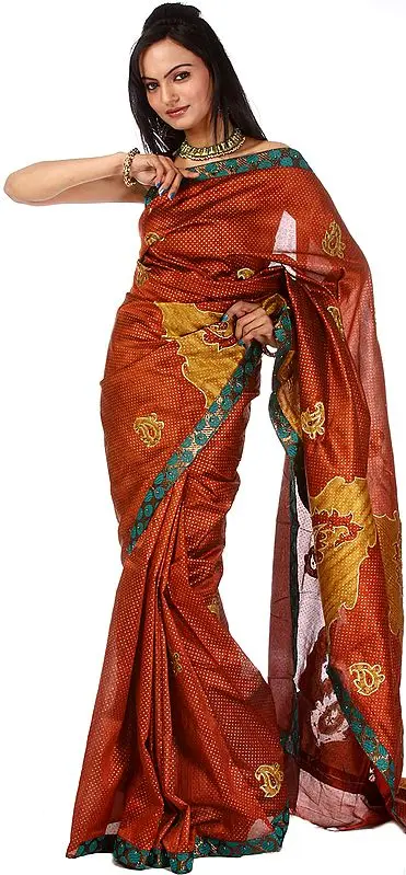Rust-Brown Banarasi Sari with Aari Embroidery and Patch Border