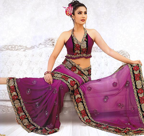 Purple Wedding Sari with Embroidered Roses and Paisleys