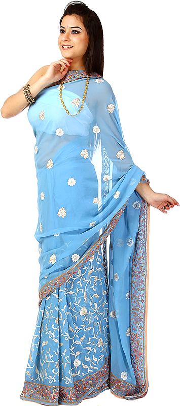 Sky-Blue Sari with Crewel Embroidered Flowers All-Over