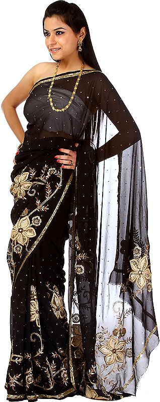 Black Wedding Sari with Sequins and Floral Embroidery by Hand