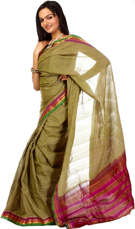 Light-Green Handwoven Gadwal Sari with Zari and Striped Anchal