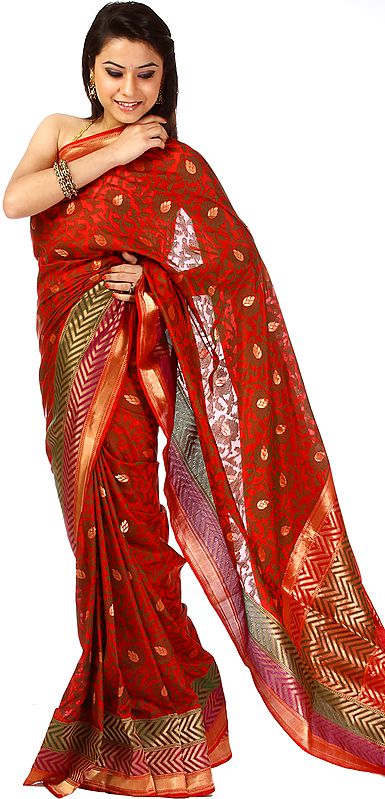 Red Bridal Jamdani Sari from Banaras with Hand-woven Flowers and Zari Pallu