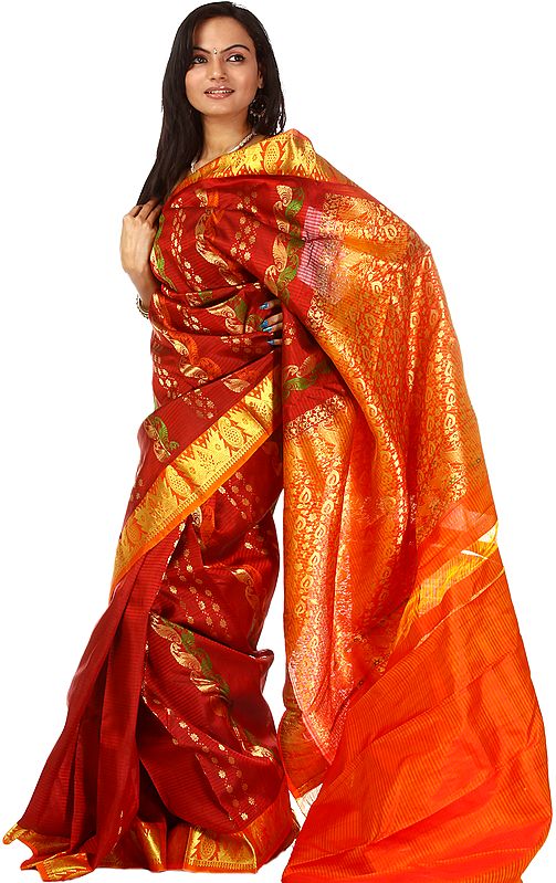 Bridal-Red Suryani Kanjivaram Sari with Golden Thread Weave