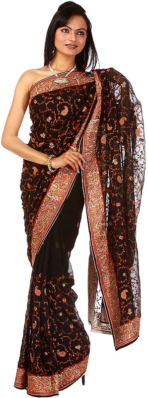 Black Evening-wear Sari with Needle Embroidered Paisleys
