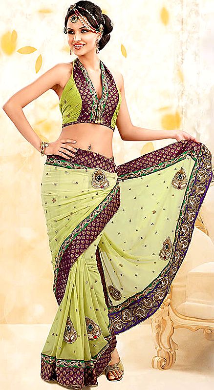 Lime-Green Bridal Sari with Patch-work and Zardozi Embroidery