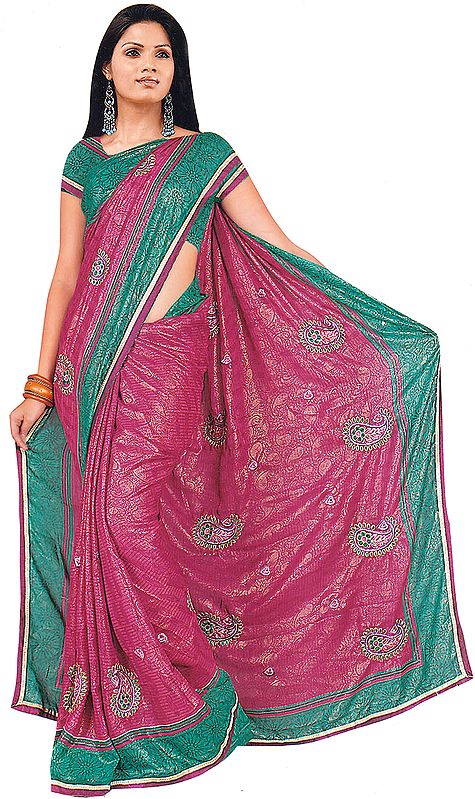 Sangria-Pink Printed Shimmering Sari with Crewel Embroidered Paisleys