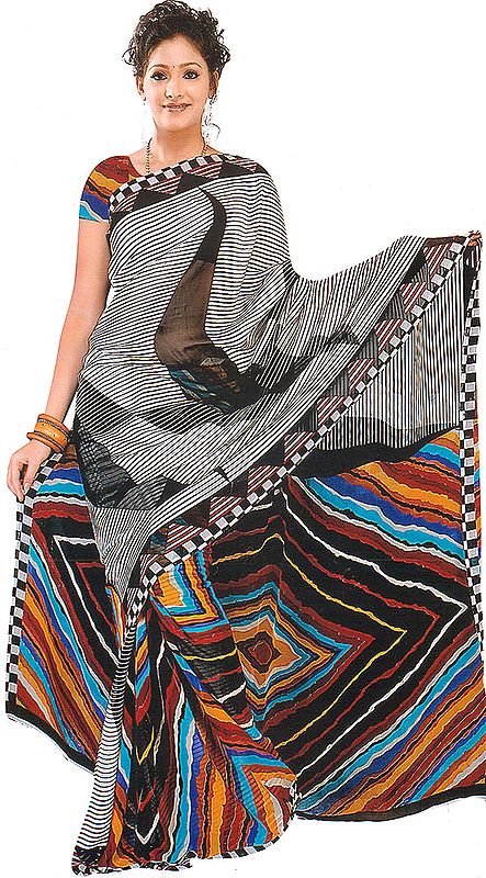 Gray Printed Sari with Mokaish Work