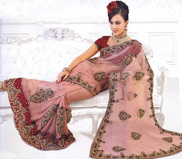 Café-au-Lait Wedding Sari with Patch-work and Embroidered Sequins