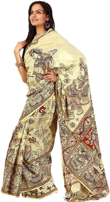 Beige Kalamkari Sari from Andhra Pradesh with Painted Radha Krishna