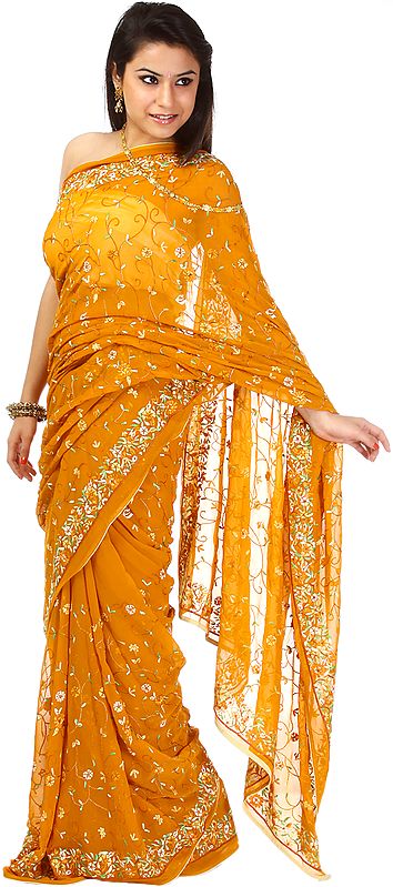 Butterscotch Sari with Aari Embroidered Flowers All-Over