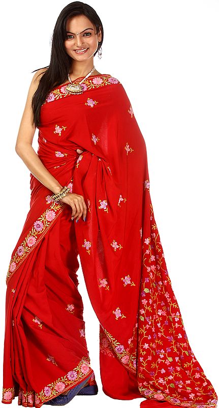 Red Floral Sari from Kashmir with Aari Embroidery