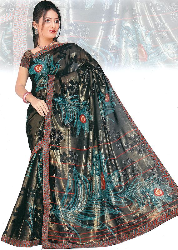 Black Shimmering Sari with Patch Border and Printed Peacock Feathers
