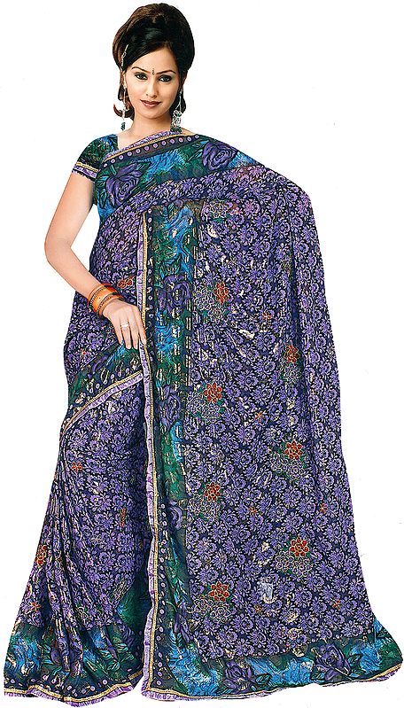 Violet Printed Sari with Embroidered Flowers and Shimmering Paisleys