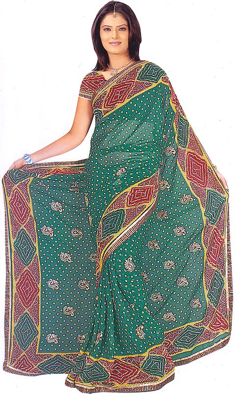 Green Bandhani Printed Sari with Aari Embroidered Paisleys and Gota Border