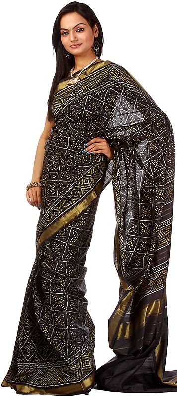 Black Gujarati Patan Patola Sari with Ikat Weave