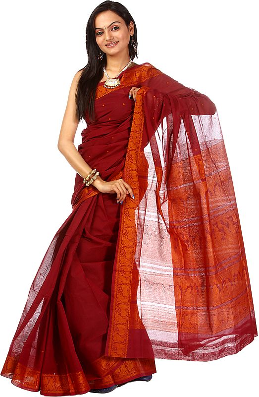 Oxblood-Red Baluchari Sari with Woven Little Krishna