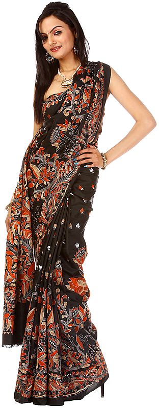 Black Kantha Sari with Hand-Embroidered Flowers All-Over
