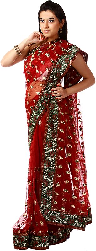 Bridal Red Shimmer Sari with Patch Border and Aari Embroidered Paisleys