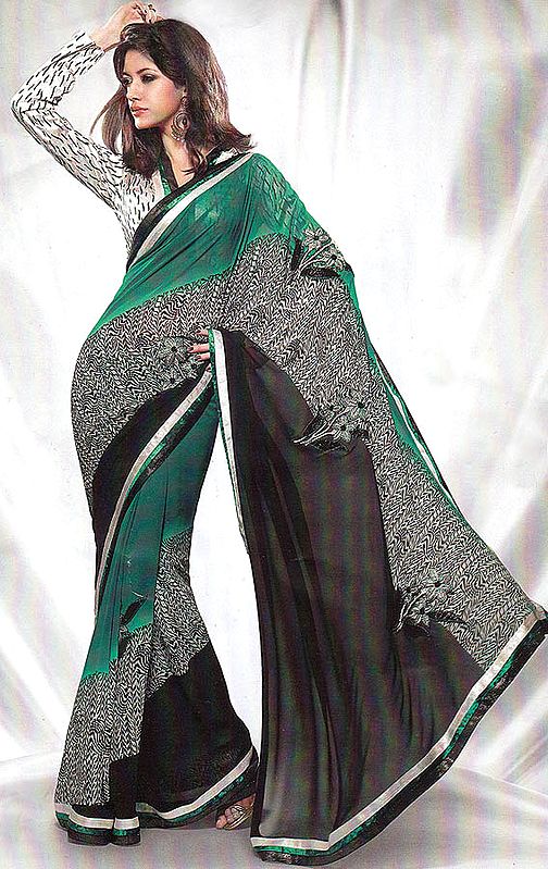 Green and Black Printed Designer Sari with Patch Border