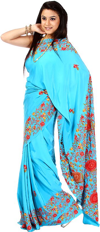 Robin-Egg Turquoise Floral Sari from Kashmir with Aari Embroidery